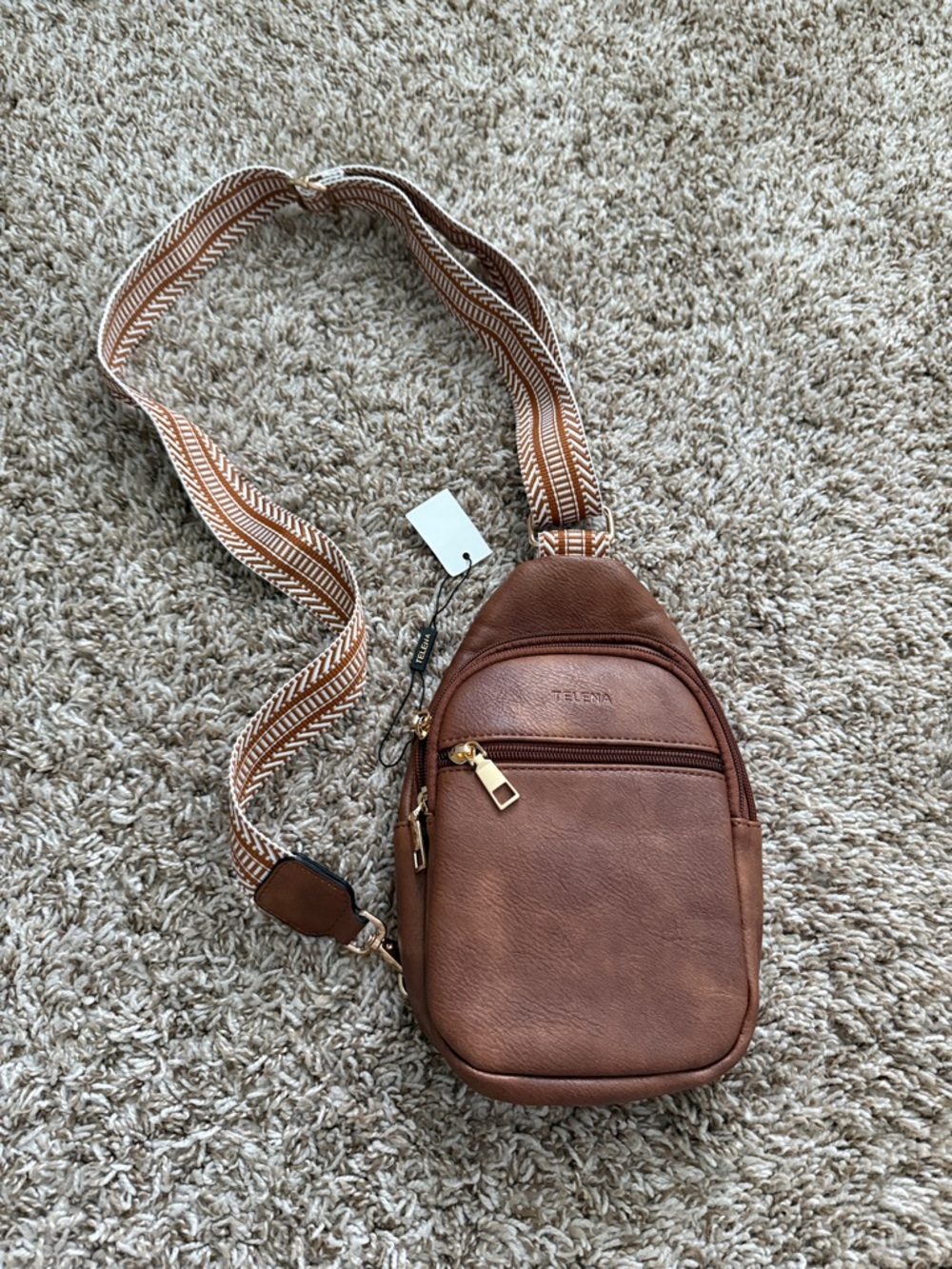 Telena Chestnut Brown Leather Sling Bag with Patterned Strap